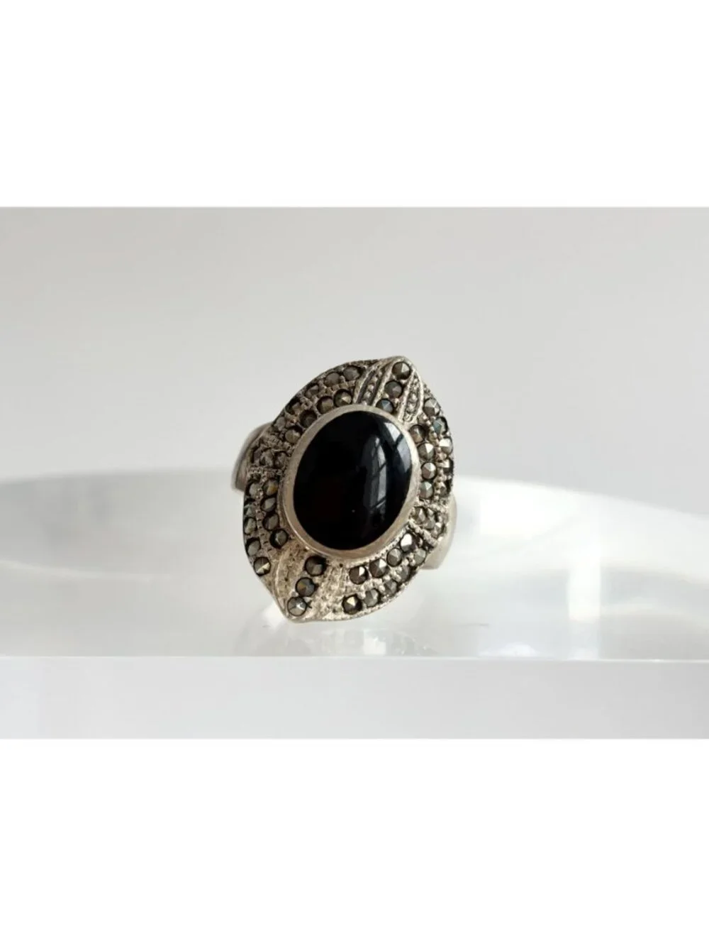 Black Onyx Marcasite Framed Art Deco Sterling Silver 925 Vintage Ring - sz 7.75